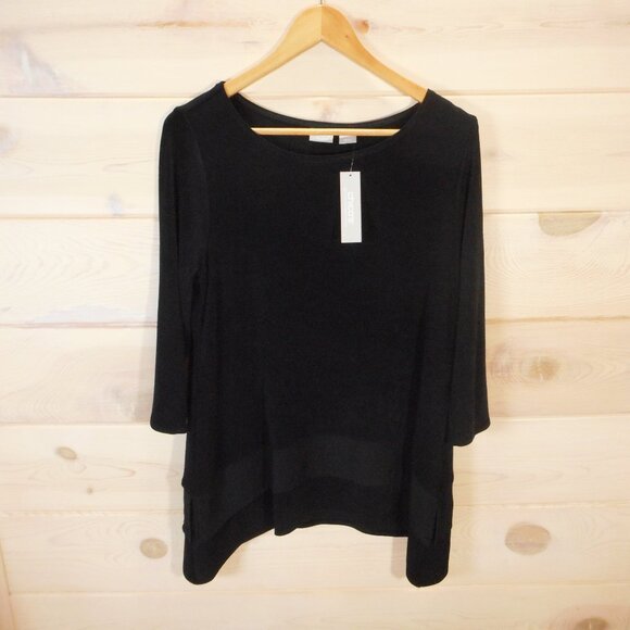 NWT Chicos Travelers Size 1 Women's M Mesh Trim Top 3/4 Sleeve Black Slinky Knit - Picture 1 of 11